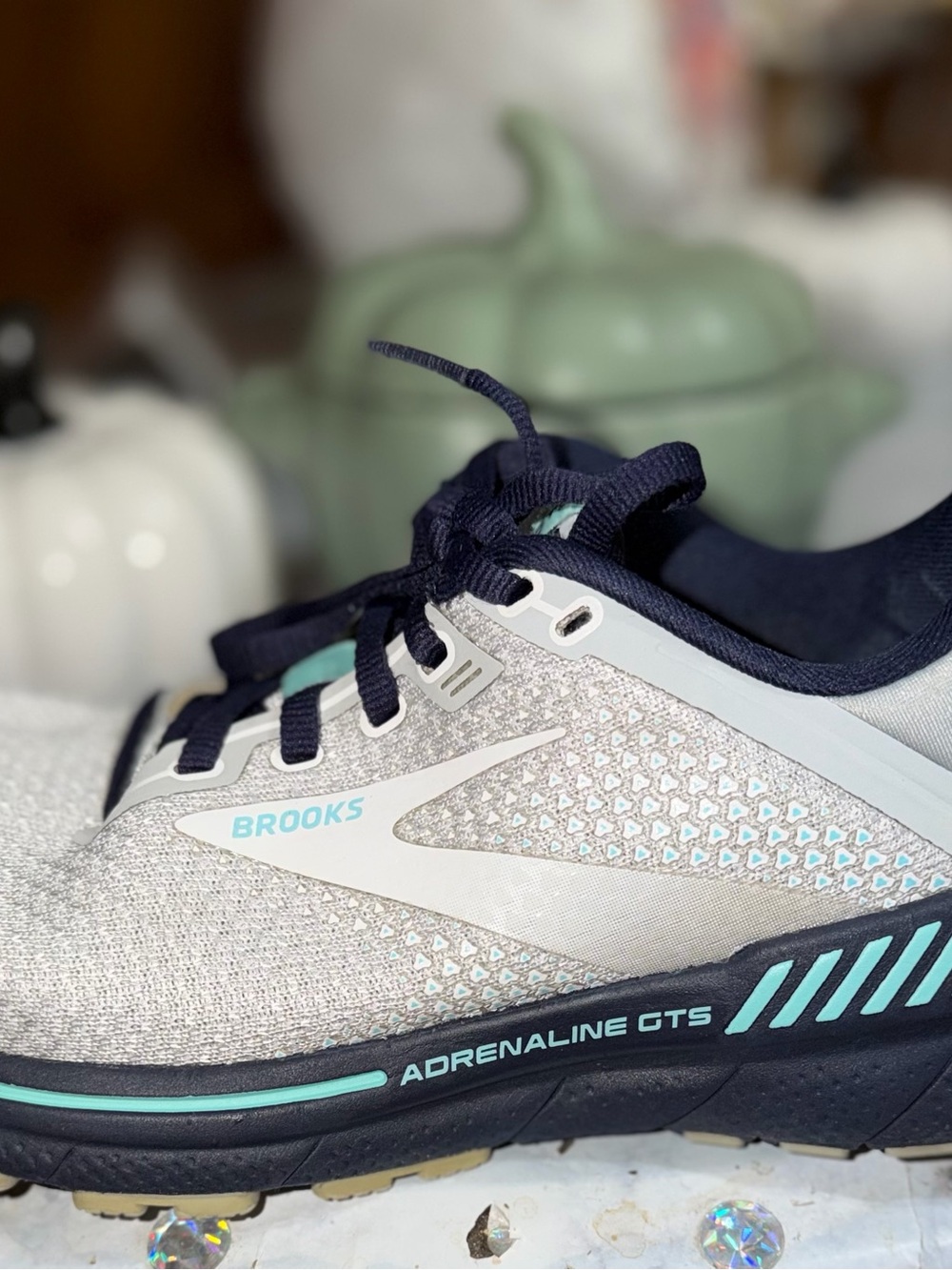 Brooks Light Gray Running Sneakers with Navy and Mint Accents